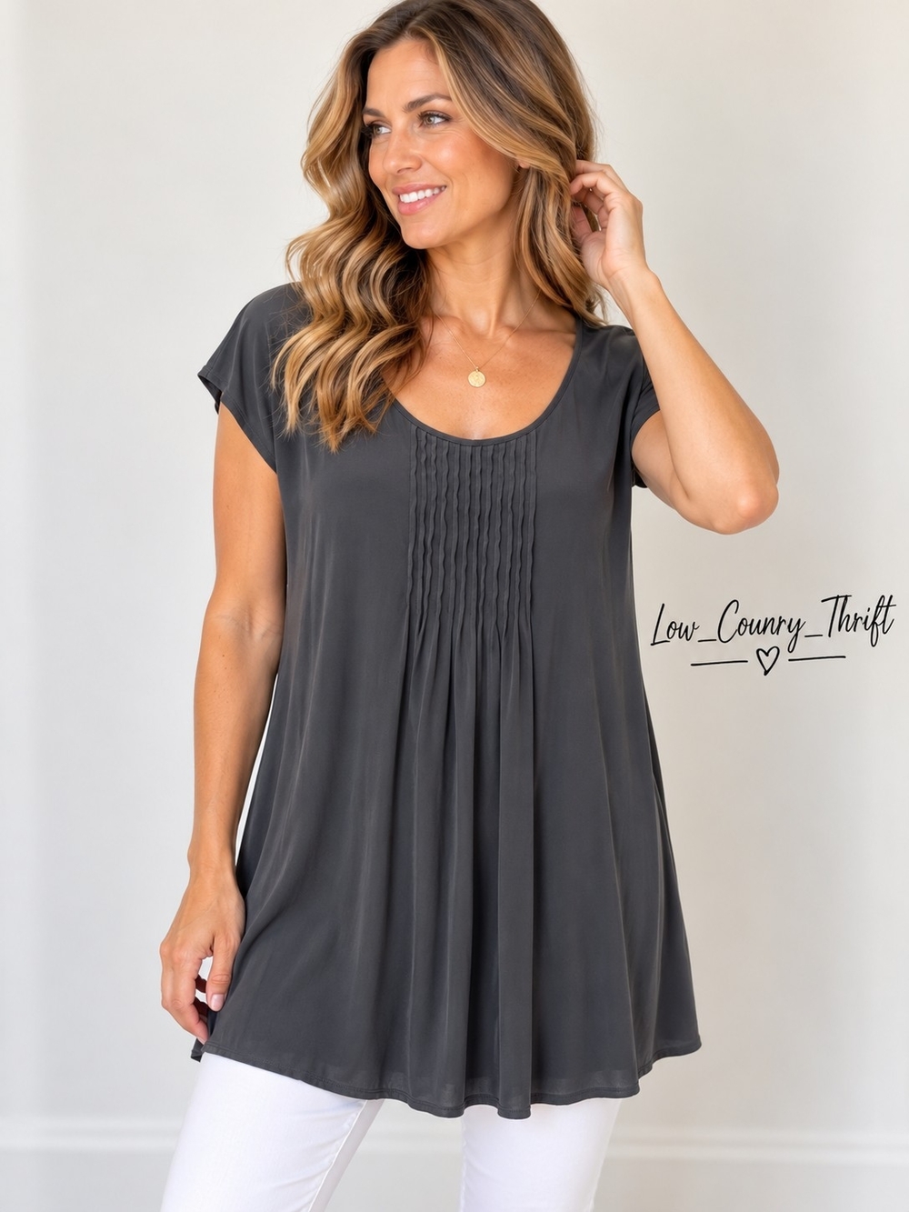 Eileen Fisher XL 100% Silk Pintuck Tunic Charcoal Gray Scoop Neck Cap Sleeve
